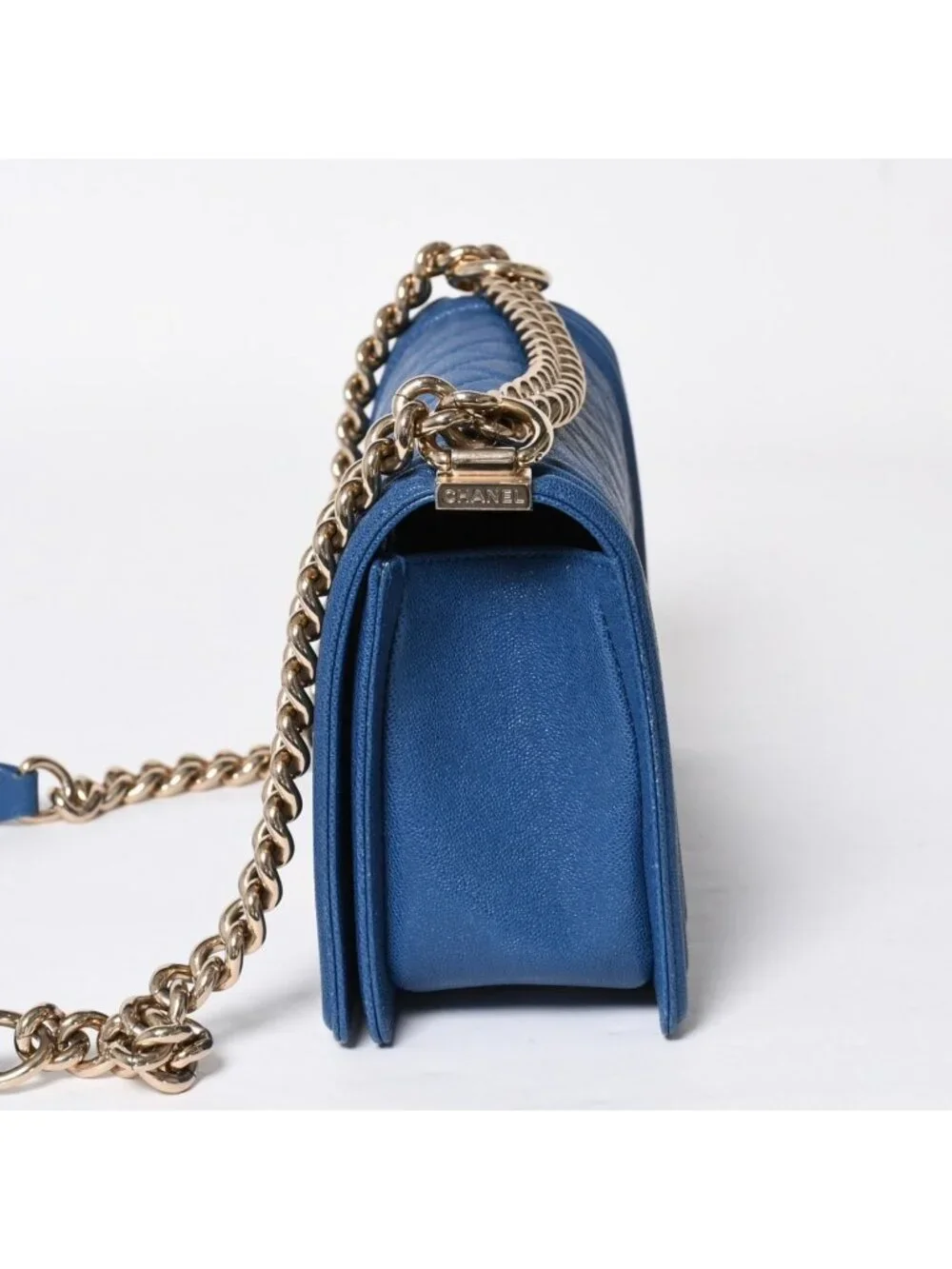 Chanel Boy 25 Chain Shoulder Bag CC Logo Caviar Leather Blue